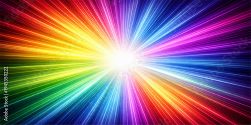 Abstract rainbow background design featuring a bright burst of colorful rays and star patterns with a glowing light explosion texture for a vibrant vector illustration wallpaper backdrop