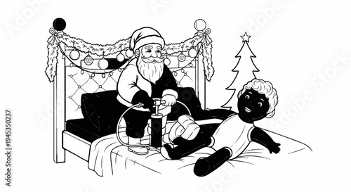 Santa inflates a child's leg prosthesis in a festive bedroom
