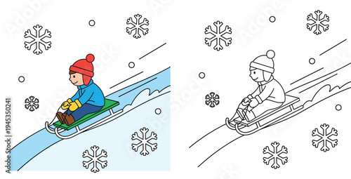 Vector illustration of a cute boy sledding down a snowy hill, featuring a colored version and a black and white line art coloring page for kids.