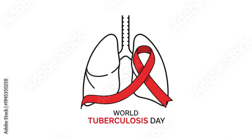 A red ribbon wrapped around illustrated lungs on World Tuberculosis Day against a clean white background