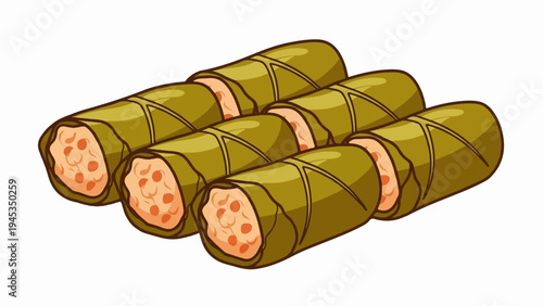 Six stuffed grape leaves, a savory delicacy, arranged in two rows
