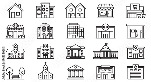 Collection of simple black line icons depicting various urban buildings and structures