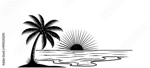 Stylized black and white illustration of a palm tree and setting sun over ocean waves