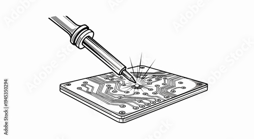 Soldering iron tip touching a circular connection point on a circuit board, with lines radiating outwards