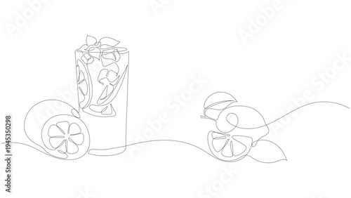 Minimalist continuous one-line drawing of fresh lemonade glass with ice and lemons. Editable stroke