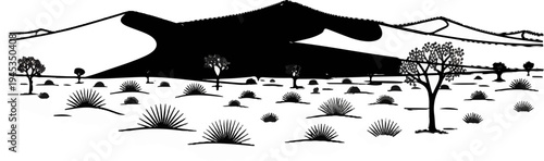 Stylized desert landscape with rolling dunes and sparse vegetation