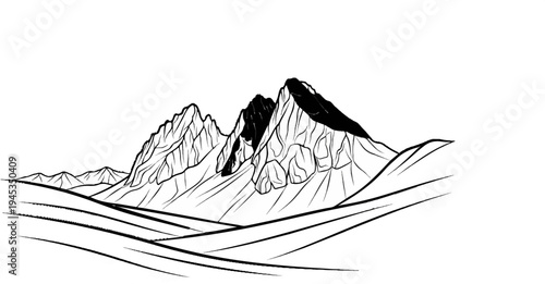 Stylized ink sketch of rugged mountain peaks and rolling foreground hills