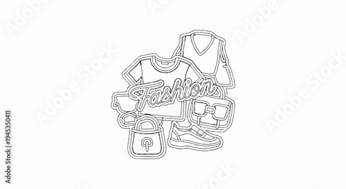 Stylized collection of clothing and accessories on a white background