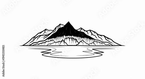 Stylized black and white illustration of a mountain range reflected in water