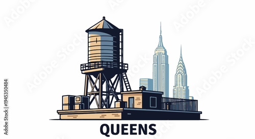 Stylized rooftop water tower with iconic skyscrapers in background