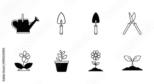 Simple icons of gardening tools and plants