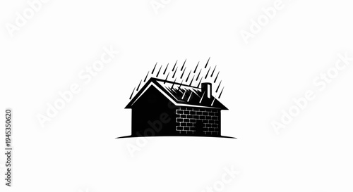 Stylized black and white depiction of a brick house during a downpour