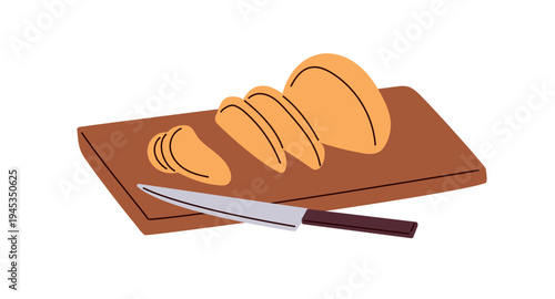 Sliced bread loaf on wooden cutting board, knife. Fresh bakery. Breakfast food preparation process. Cooking, preparing snack, eating. Flat vector illustration isolated on white background