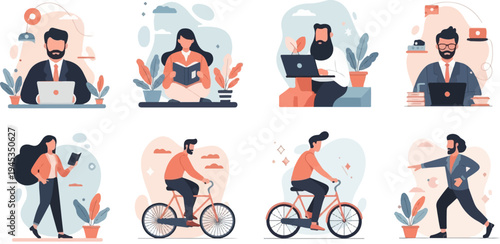 Various people engaged in activities like working on laptops, reading, cycling, and exercising