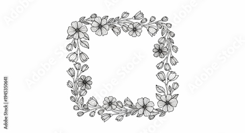 Square frame of delicate blossoms and leaves in sketch art