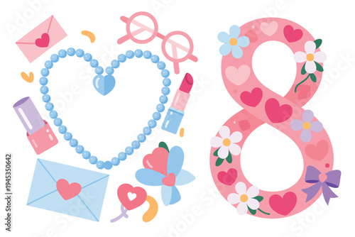 A colorful illustration of a heart shaped jewelry set and a large pink number eight with flowers and hearts for a child's eighth birthday party