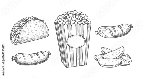 Hand drawn of taco popcorn sausage and potato wedges