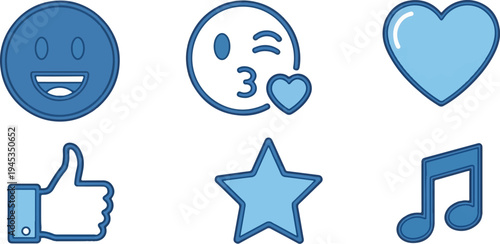 Six blue cartoon icons smiley, kissing face, heart, thumb up, star, music note