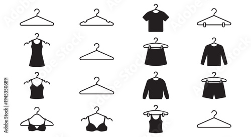 Collection of clothing icons on hangers, isolated on Transparent Background, various garments.