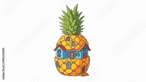Whimsical house built inside a giant pineapple with a thatched roof