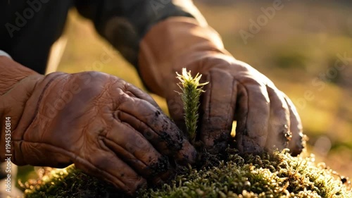 Brown leather glove gently plants delicate green seedling into soft moss. Careful handling ensures future growth, inspiring hope for new plant life