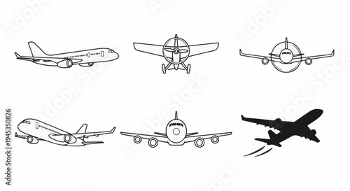 Six different styles of airplanes are shown in outline and silhouette