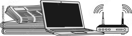 Stack of newspapers, open laptop, and wireless router with signal waves