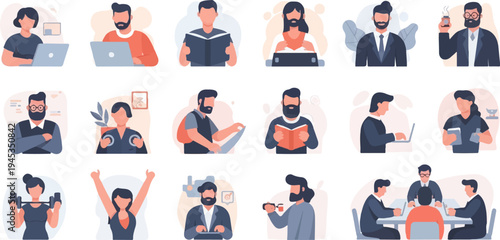 Collection of diverse individuals engaged in various activities like work, fitness, and learning