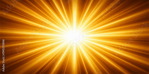 A bright orange and yellow sunburst background vector features an abstract summer sunrise design with glowing rays and a hot light beam explosion