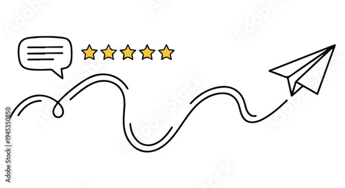 Stylized hand drawn paper airplane soaring with speech bubble and five star rating review