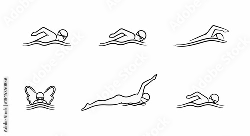 Six diverse stylized swimmers depicted in black and white linework on a white background