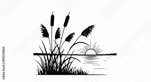 Silhouette of reeds and a radiant sun setting over a calm body of water