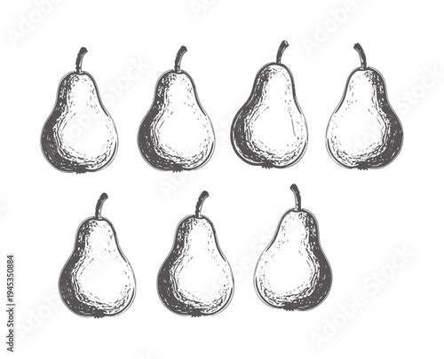 Seven hand drawn dark grey pears arranged in two rows white fruit food