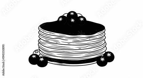Stack of pancakes topped with blueberries, drawn in a simple style