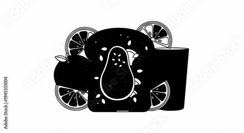 Slice of toast with avocado, citrus slices, and a glass of drink