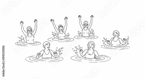 Six people in swimsuits enjoying water activities, some raising hands joyfully