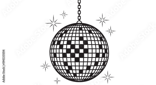 Disco ball line art with sparkles hanging from a chain, black and white illustration
