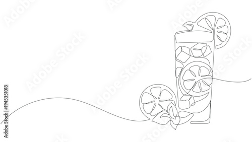 Minimalist continuous one-line drawing of fresh lemonade glass with ice and lemons. Editable stroke
