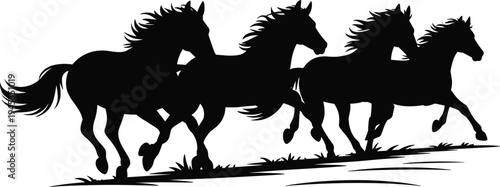 Running horse silhouettes herd, wild horses galloping across grassland, dynamic animal motion nature wildlife illustration isolated black figures