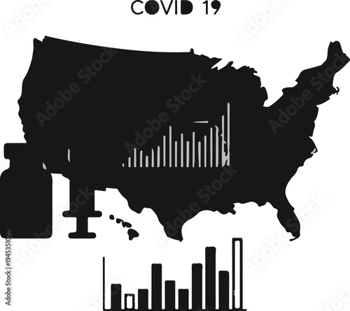 Silhouette of USA map with COVID-19 indicators and vaccine supplies