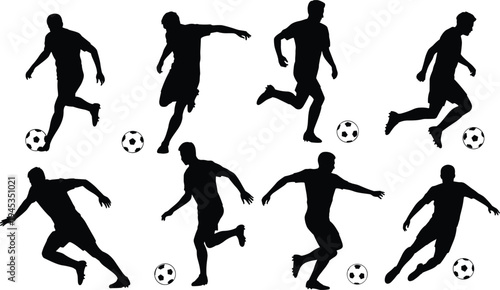 Soccer player silhouettes set, football athletes dribbling running kicking ball, dynamic sport action collection isolated black figures on white