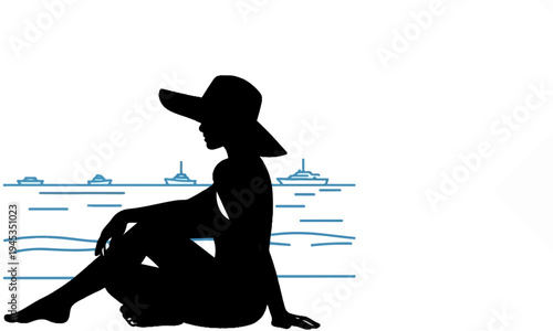 Silhouette of woman in sun hat by the sea with yachts