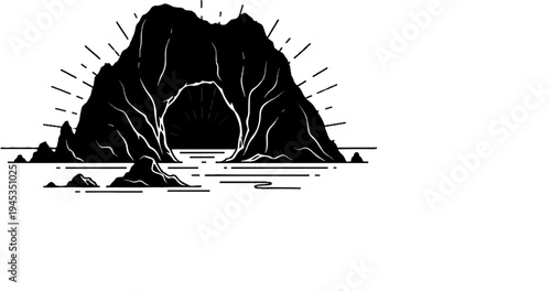 Stylized black and white depiction of a rocky coastal cave entrance