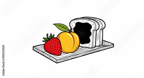 Sliced bread with spread, a strawberry, and a peach on a wooden board