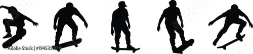 skateboard, skateboarder, silhouette, sport, skater, trick, jump, action, extreme, street, athlete, board, youth, urban, black, vector, icon, isolated, set, collection