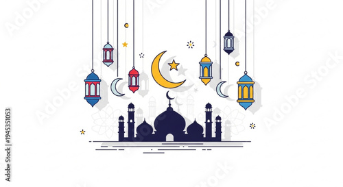 Eid al-Fitr Celebration Vector with Mosque, Crescent Moon, Star, and Lanterns