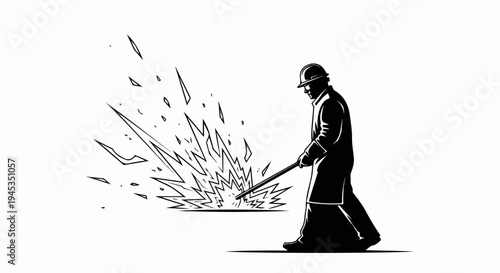 Silhouette of worker with helmet striking sparks with a metal rod
