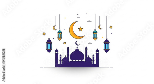Eid al-Fitr Celebration Vector with Mosque, Crescent Moon, Star, and Lanterns