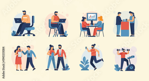 Office work, meetings, coffee breaks, and fitness activities by diverse people