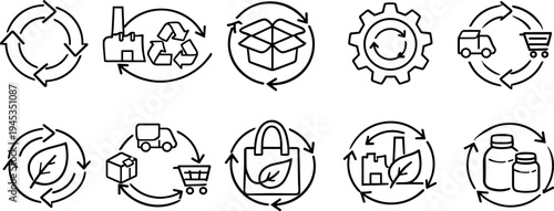 Collection of industrial recycling and scrap metal icons for environmental sustainability